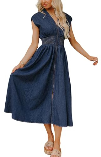utcoco Damen-Jeanskleid, ärmellos, V-Ausschnitt, Reißverschluss, gesmokt, hohe Taille, Rüschen, A-Linie, lang, Midi-Jeanskleider, Dunkelblau, Groß