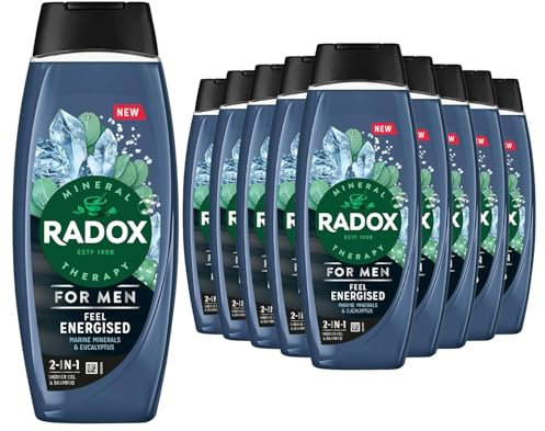 Radox Mineral Therapy 2-In-1 Shower Gel and Shampoo Feel Energised, Pack of 12, Men's Body Wash with Marine Minerals and Eucalyptus for A Cooling Experience, 450 ml