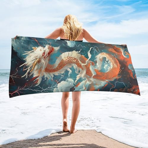 Strandtuch Mikrofaser Handtuch Groß 60 x 120 cm, Microfaser Handtücher Kompakt und Sandfest, Leicht und chnelltrocknend Gym Handtuch für den Strand, Travel, Strand, Sauna, mit Tasche (Drache) f-354