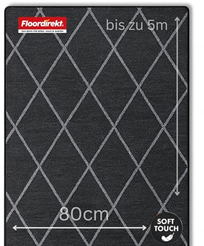 Floordirekt teppichläufer rutschfest - maßgefertigter Feinschlingen Teppich Läufer für Küche, Flur & Wohnraum - Ornament Vintage Orient Gitter (80 x 350 cm, Cosenza Schwarz)
