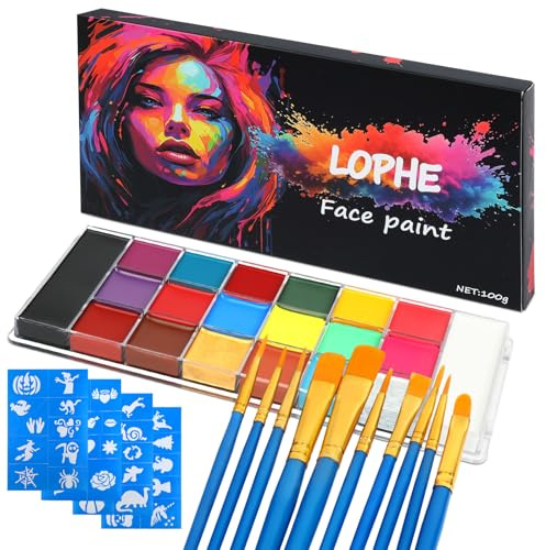 LOPHE Pintura Cara Niños, 20 Colores Kit de Pintura Facial y Corporales Profesional, Pintacaras Infantil Hipoalergénico con Pinceles y Plantillas, Pinturas Cara Lavable para Halloween,Carnaval Fiestas