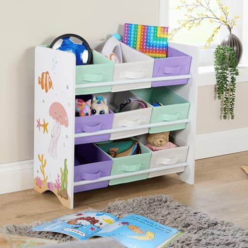 Home Source Children’s Toy Organiser with 9 Fabric Drawers – Kids’ Bedroom Storage Unit with Shelves – Sealife Animal Design