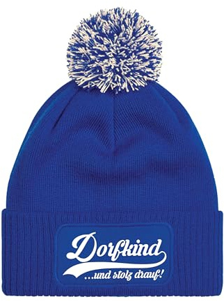 NIMAMA Mütze Beanie Dorfkind Strick Bommel Wintermütze Statement Lustiger Spruch Unisex Strickmütze für Herren & Damen