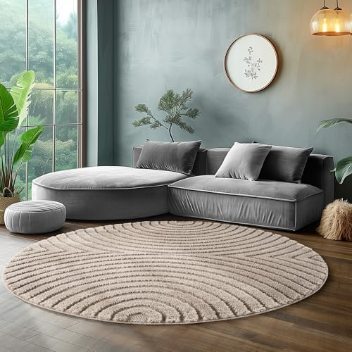 SIMPEX Wohnzimmer Teppich Rund 160 cm Beige Hochflor Skandi Boho Design Hoch-Tief Effekt Weicher Shaggy Langflor Flauschig Robust Pflegeleicht Modern für Schlafzimmer