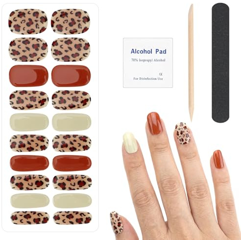 MOTIBACK 20pcs Leopard Print Semi Cured Gel Nail Strips, Gel Nail Wraps with UV/LED Lamp, DIY Nail Art Stickers Kit Includes Wood Stick, File & Pads