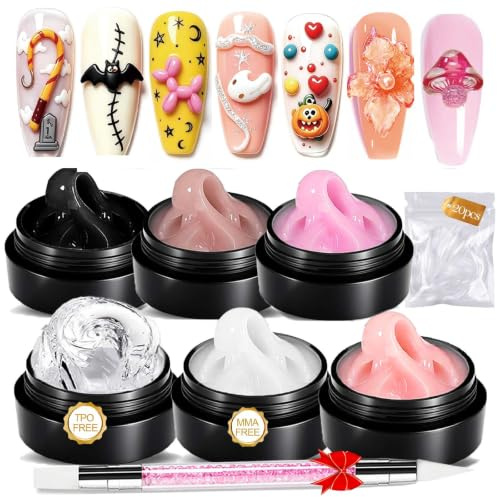 NAILGIL 3D Gel for Nail Art Hema Free, 6 Colors Solid Builder Sculpting Gel Non-Sticky Hand for Extension Building Carving Modeling with Nail Art Pen, 48g