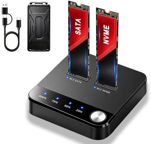 M.2 NVMe SATA SSD Cloner mit Aufbewahrungsbox, 20 Gbit/s USB 3.2 Gen2x2 Dual Bay M.2 SSD Offline Duplikator Dock, Cross-Protocol NVMe & SATA Gehäuse, 16 TB M/B + M Key SSD Reader für