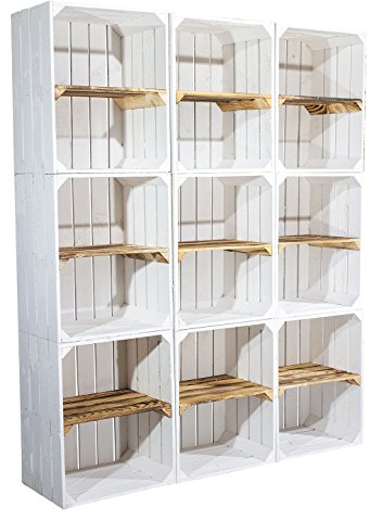 Vintage Möbel 24 GmbH 12er Set Weiße Regalkiste mit geflammtem Boden -Mittelbrett quer- / Kistenregal Obstkiste Holzkiste Ablage Schuhregal Bücherregal Wandregal 50x40x30cm