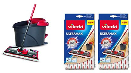Vileda Ultramat Turbo Komplett Set, Bodenwischer und Eimer mit PowerSchleuder & Vileda UltraMax / 1-2 Spray Ersatz Mikrofaser Pads - weiß - 2er Packung