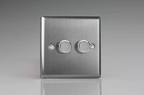 VARILIGHT Brushed Steel Classic 2-Gang 2-Way V-Pro Push On/Off Rotary LED Dimmer 2 x 0-120W JTP252