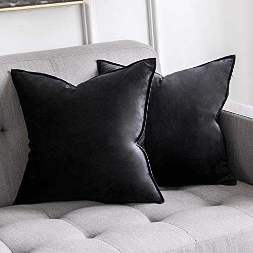 MIULEE 2er Set Samt Kissenbezug Flansch Kissenhülle Dekorative Sofakissen Dekokissen Umwickelte Kante Kissenbezüge Zierkissenbezug für Sofa Wohnzimmer Schlafzimmer 60x60 cm Schwarz