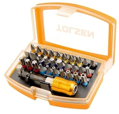 Tolsen 32 Piece Screwdriver Bit Set - Color Coded PZ, PH, Slotted, Hex & Torx - Magnetic Holder & Carrier Case Included