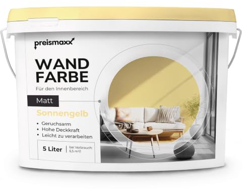 Preismaxx Wandfarbe Gelb Sonnengelb hohe Deckkraft matt hochdeckend 10l | Hohe Deckkraft Klasse 2, Mattes Finish, Geruchsarm, Leicht zu verarbeiten, Gleichmäßiges Farbbild, Für Wohn- & Schlafräume