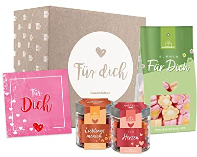 naschlabor Love Box Exklusiv | süße Valentinstag Box für sie und ihn | aromatische Fruchtgummi Herzen in hochwertigen Gläsern, Marshmallow Blumen mit Karte und Geschenk Verpackung