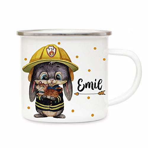 ilka parey wandtattoo-welt Emaillebecher Becher Tasse Camping Feuerwehr Hase mit Kätzchen & Wunschname Name Kaffeetasse Geschenk eb556