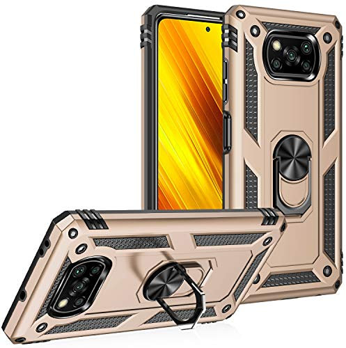 BestST Coque pour Xiaomi Poco X3 Pro/Poco X3 NFC + Protecteur d'écran, Double Couche Hybride Ultra Armure Housse Étui de Protection Antichoc Armor Bumper Cover avec Stand, Or