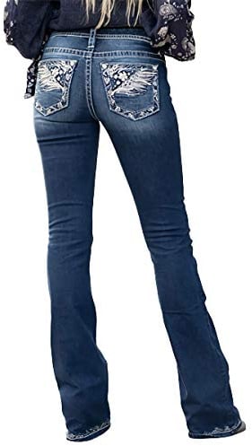 QJBMEI Jeans för kvinnor fjäder blomma broderi mitten stiga stretchig bootcut smala breda ben byxor