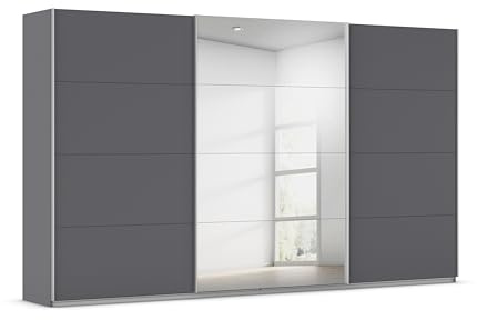 Rauch Möbel KULMBACH, Schwebetürenschrank, Grau metallic, Breite 360 cm | Kleiderschrank mit Schwebetüren, Schiebetüren, 3-türig, mit Spiegel, Zubehör Basic, Schlafzimmer, Jugendzimmer, Garderobe
