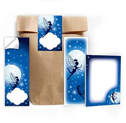 Junapack 12 Lesezeichen + 12 Mini-Notizblöcke + 12 Geschenktüten (Natur) + 12 Aufkleber Fee Mitgebsel Gastgeschenk beim Kindergeburtstag Mädchen