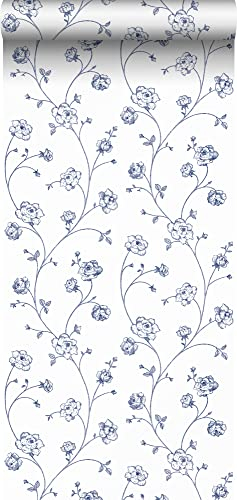 papier peint roses en Toile de Jouy blanc et bleu 53 cm x 10.05 m - ESTAhome