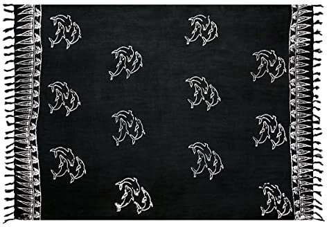 Pareo Sarong Strandtuch Damen - Wickelrock Strand - Handtuch Blickdicht als Wickeltuch oder Handtuchkleid und Wickelkleid Damen - Handarbeit aus Fair Trade Herstellung Batik Delfin Schwarz