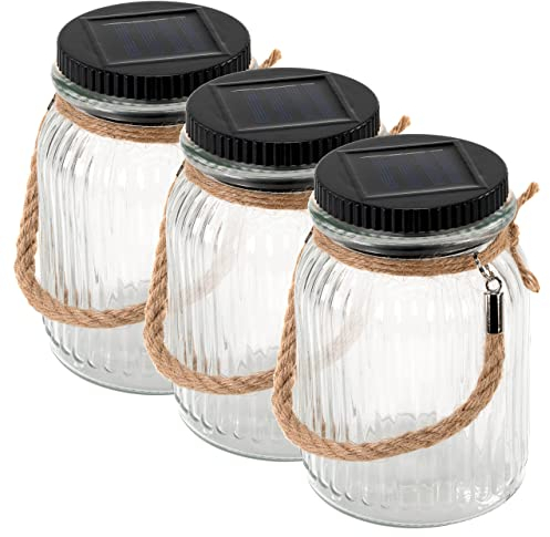 Nexos Trading 3er Set Solarglas mit 3 LED Solar warm weiß mit Aufhänger Glas Gartenbeleuchtung Ø 11cm, Höhe 15,5 cm Party Garten Licht für Außen mit Solarpanel Sonnen Energie Beleuchtung