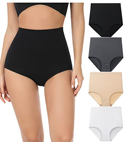 wirarpa Bragas Mujer Algodón Elásticas Culotte Súper Cintura Alta Braguitas Cómodas Cobertura Completa Pack de 4 Multicolor Talla XL