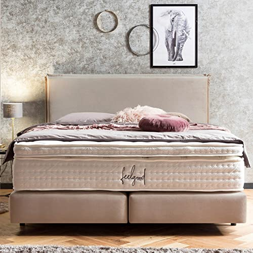 Premium Boxspringbett 180x200 London Samt, mit Visco-Topper, Doppelbett, Hotelbett, ohne Bettkasten, 7 Zonen Taschenfederkern-Matratzen, Aufbau KOSTENLOS (Beige, 180x200 cm mit Topper)