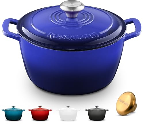 ROSSALLINI Forno olandese in ghisa smaltata, antiaderente con coperchio aderente per una perfetta torrefazione, cottura al forno, saltatura e panificazione | 5.5Q (5.2L) - Blu indaco