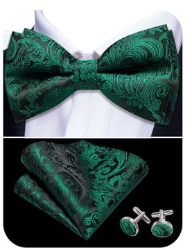 Barry.Wang Vorgebundene Fliege für Herren, Paisley-Seide, Einstecktuch und Manschettenknöpfe für Hochzeiten und formelle Veranstaltungen, Dunkelgrün/Schwarz, One size