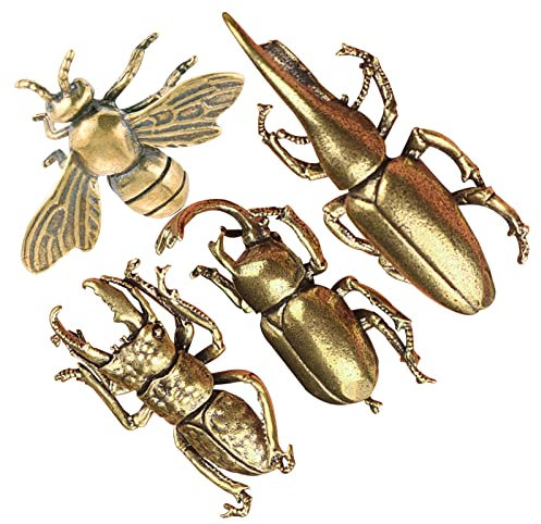 snowowl 4 Stück Vintage Messing Gold Bienenkäfer Dekorationen Statuen Skulptur Solides Metall Tier Insekten Ornament Miniatur-Figuren Lange Horn Käfer für Home Office Garten Desktop Decor