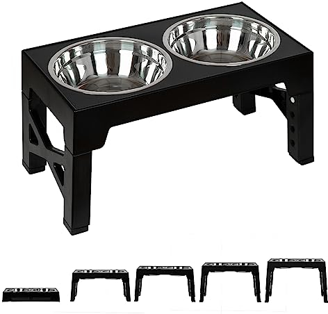 FOREYY Verstellbare hundenapf erhöht mit 2 X 1200ml Edelstahlnäpfen, futternapf Hund erhöht in 5 Höhen(8, 22, 25,28, 31 cm), Rutschfester Hunde Futterstation für mittlere & große Hunde (Schwarz)