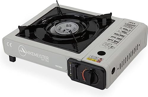 HikeMeister® Réchaud de camping à gaz pour l'extérieur, plaque de barbecue, bouteilles de gaz, mallette de transport (gris)