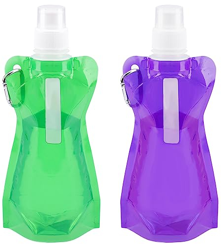 VIEVRE 2 Stück Faltbare Trinkflasche 500 ML, Wiederverwendbare Trinkflasche Faltbar mit Karabiner, Trinkflaschen Faltbar für Wandern, Reisen, Abenteuer (Lila & Grün)