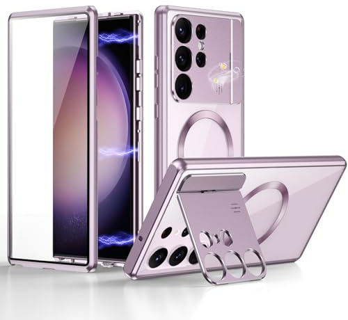 ksscaly Case for Samsung Galaxy S23 Ultra with Camera Invisible Stand [Compatible with MagSafe] 360 Degree Protection Magnetic Absorption Metal Bumper Front Glass and Back PC Cover for S23U (Purple)