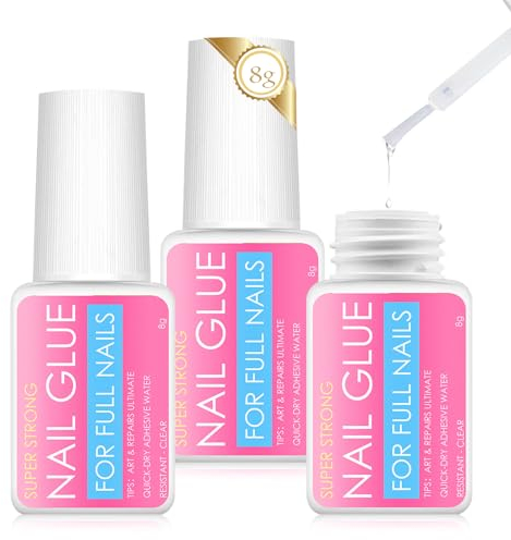 3 * 8g Colla per Unghie Finte Extra Forte,Adesivo per Unghie press-on,la Colla per Unghie Viene Fornita con Pennelli,Facile da Applicare Sulle Unghie,non Facile da Sprecare o Creare Pasticci