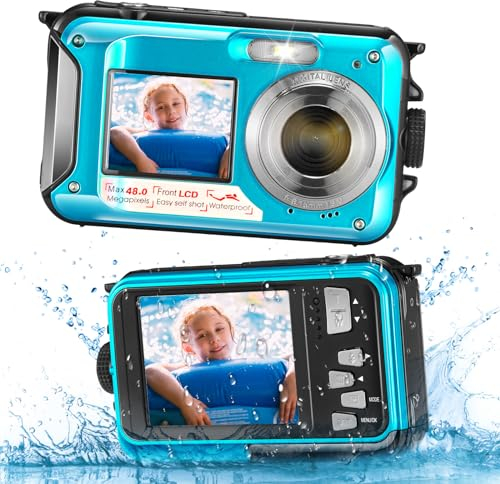 SenDeluz Camara Acuatica, 10 pies 1080P Full HD 2.7K 48MP Camara Sumergibles 16X Digital Zoom Cámara Impermeable Digital con Pantalla Dual para Selfie Bajo el Agua Natación Buceo