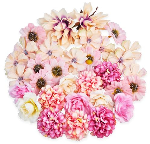 ROLLWAY 34pcs Fleurs Artificielles Deco,Mini Fleur Artificielle Fausse Fleur Decoration Petite Tête de Fleur Rose Artificielle 4-7cm Petites Capitules Tete pour décoration Mariage DIY Couronne