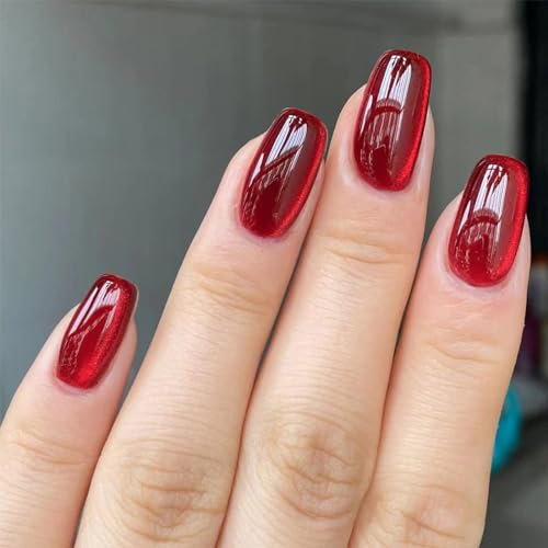 24pcs Short Square False Nails Red Cat Eye Stick on Nails Press on Nails Removable Glue-on Nails Full Cover Fake Nails New Year Valentines Day Women Brides Nail Art Accessories