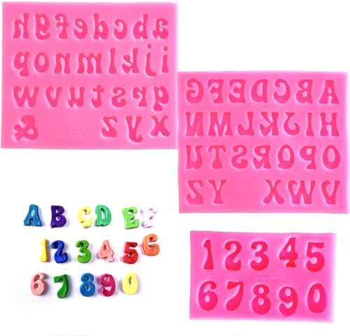 GELIFATLE 3-Piece Silicone Fondant Chocolate Molds, 26 Letters & Numbers, Pink, Flat, Cake Decoration