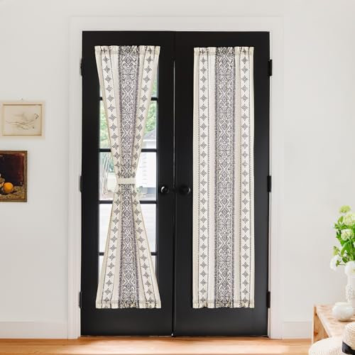 NICETOWN Linen French Door Curtain for Window, Farmhouse Boho Striped Shade 72 Inch Long Bohemian Front Back Panel Privacy Cover Tieback Included 1 Panel, Natural, 26 W x 72 L