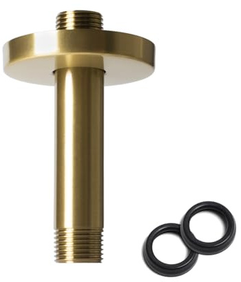 4 Inch Shower Arm with Flange, Ceiling Mounted Shower Head Extension Arm, 1/2 NPT Straight Arm for Rain Shower Head, Stainless Steel Shower Head Extension Replacement Pipe Arm, Brusheed Gold