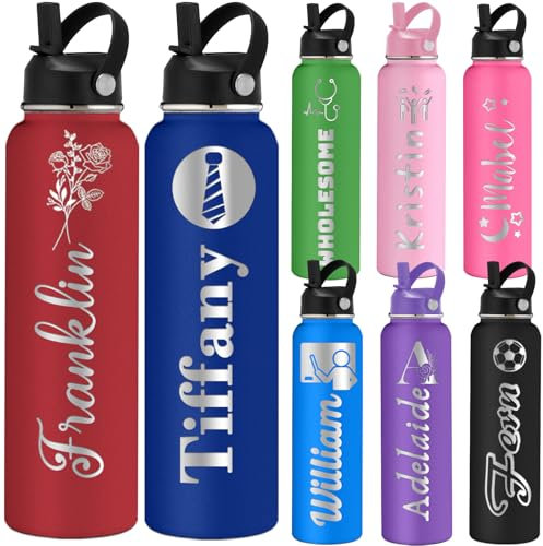 Botella de Agua Personalizada con Diseño Flor del Mes de Nacimiento 350/500/700/950ml 1L Botella Térmica Acero Inoxidable con Asa y Pajita de Doble Pared para Cumpleaños Recuerdos Regalo Original