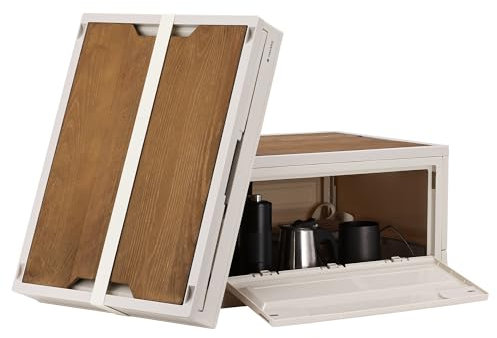 Navaris Camping Storage Box, Beige, Set of 2-35L Foldable Bin with Pine Wood Lid - Collapsible Folding Crate - Easy to Disassemble Plastic Storage Crates - Stackable with Wheels