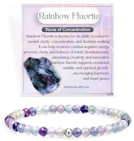 Regenbogen Fluorit - Konzentration - Edelstein Perlen Armband für Frauen, 4mm Kristall Silber 925 Naturstein Schmuck Elastisch Armbänder Damen, Chakra Spirituelle Charms Armbänder Geschenke