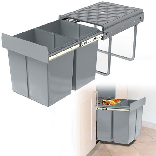Froadp Einbau Mülleimer Küche Abfalleimer Ausziehbar Müllsammler 2 Fächer Mülltrennungs-System Vollauszug mit Teleskopschienen 48 x 34.2 x 35.1 cm - 2x15L