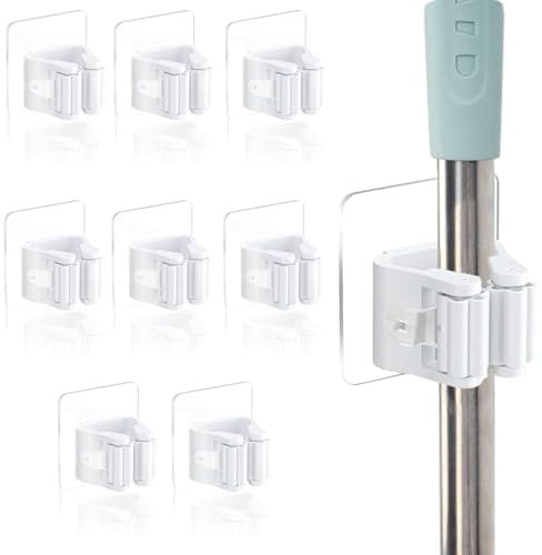 WPNCYK 8 Pcs Broom & Mop Holder - Wall Mounted & Self Adhesive for Kitchen Bathroom Closet Garden Garage (White & Transparent)