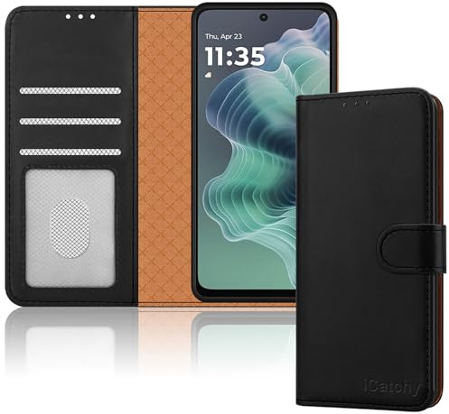 iCatchty for Motorola Moto G35 Case, Leather Wallet Book Flip Folio Kickstand Magnetic Protect RFID Blocking Shockproof Cover for Motorola G35 Phone (Black)