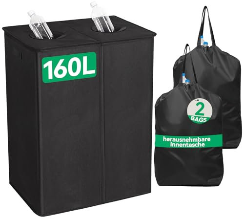 WOWLIVE Deposit Bottles Collection Container 160 L with 2 Compartments & 2 Carry Bags, Large Bottle Collector with Hole Kitchen Storage Room Bottle Bag, Grey