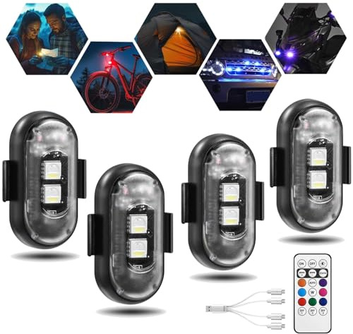 TQQEPOOL Lumières Stroboscopiques LED Sans Fil Avec Télécommande, 8 Couleurs, Charge USB, Étanche IP65, Anti-collision, Lumière De Moto Rechargeable Magnétique RVB(4 Pack)